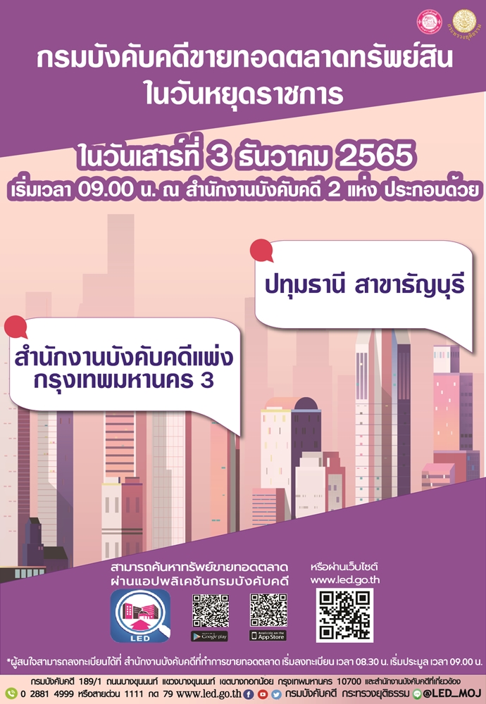 กรมบังคับคดีจัดการขายทอดตลาดในวันหยุดราชการ วันเสาร์ที่ 3 ธันวาคม 2565 